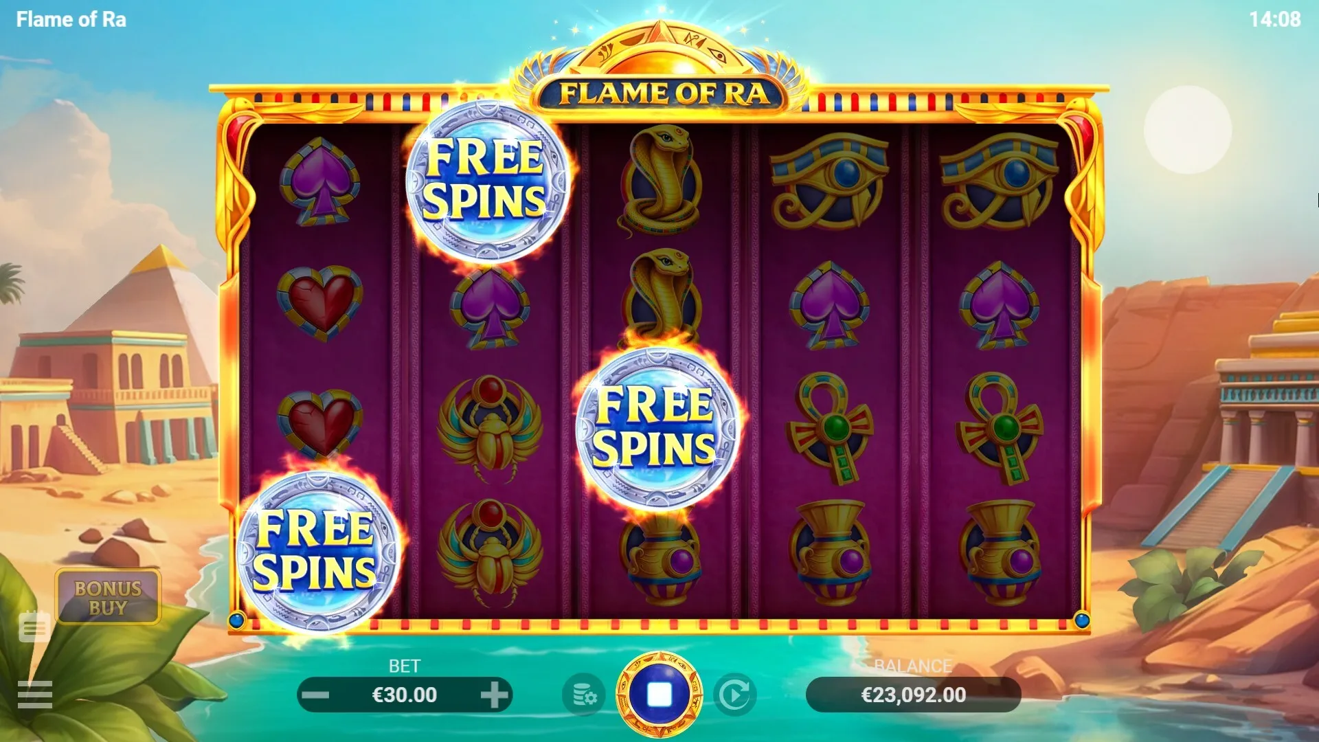 Flame of Ra free spins view